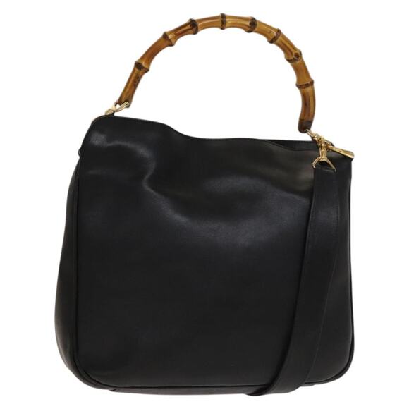 GUCCI Bamboo Hand Bag Leather Black Gold 001 001 - Picture 1 of 16